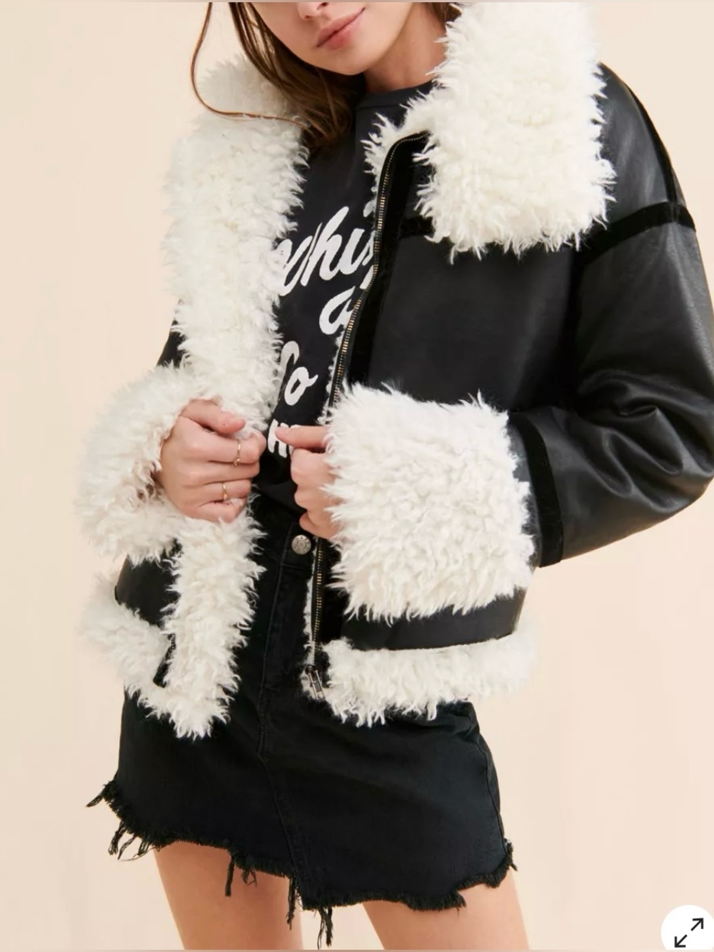 Lioness Phoenix Faux Leather Faux Shearling Black & White Jacket Oversized Small